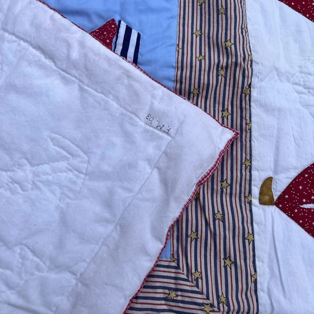 Handmade Sailboat Boys Crib Quilt, Red White Blue, Gorgeous One Of A Kind 38x38